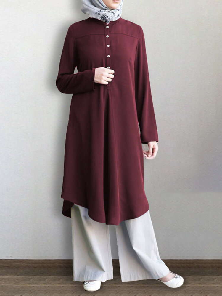Women Solid Color Mid-Calf Length Half Button Kaftan Robe Long Sleeve Shirt
