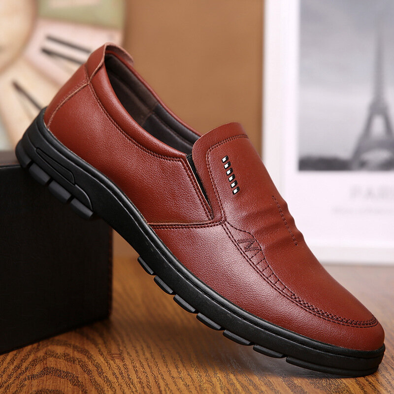 Men Cowhide Leather Soft Bottom Slip On Warm Lining Comfy Dress Casual Business Shoes