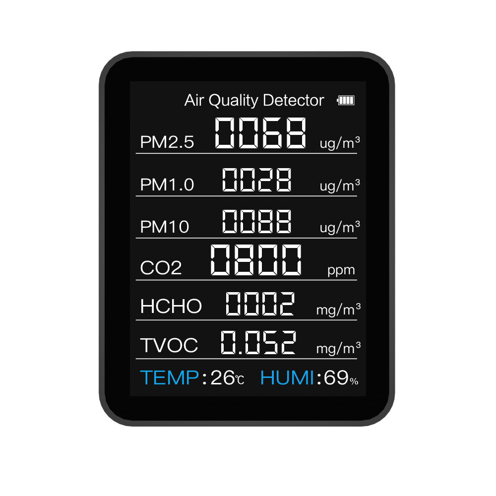 8 In 1 PM2.5 PM1.0 PM10 HCHO TVOC CO2-temperatuur-vochtigheidstester One Machine met drie schermen I