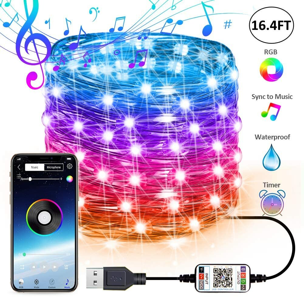 USB Fairy Lights LED String Lights Music Sync Bluetooth APP Phone Indoor Outdoor Twinkle Lights 32.8FT Hanging Curtain S