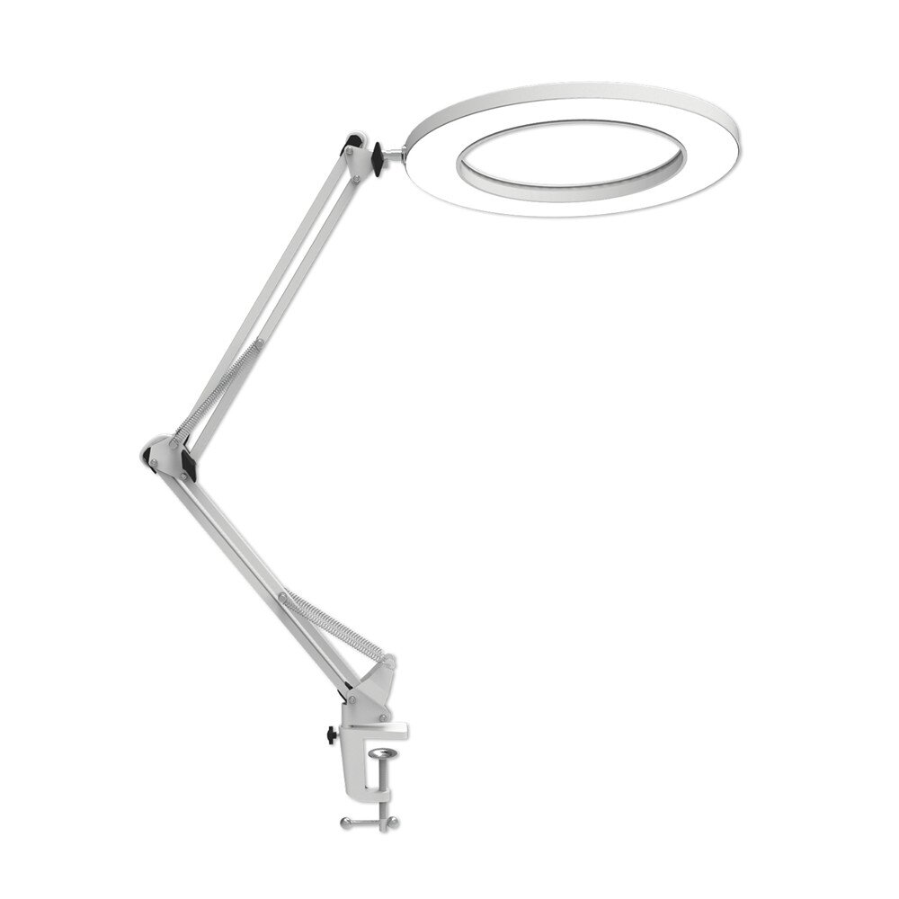 

7W Metal LED Swing Arm Table Lamp with Clamp Stepless Dimming Magnifier Ring Reading Light 3 Color Temperature for Study