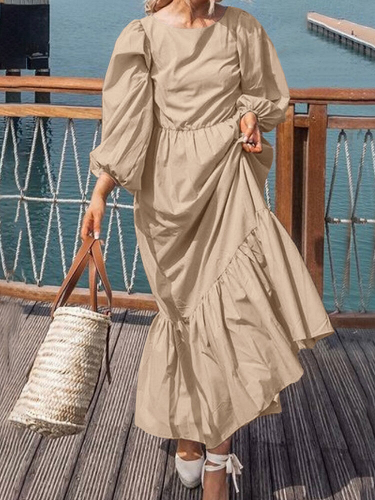 Women Solid Color Pleats Puff Sleeve Ankle Length Maxi Dresses