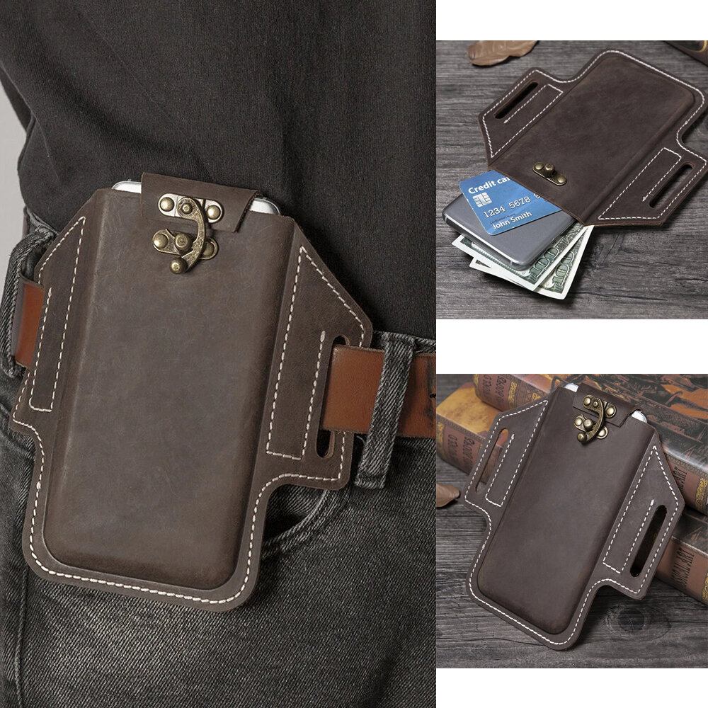 Men Genuine Leather EDC Bag Waist Pack 6.3 inch Phone Bag With Belt Loops