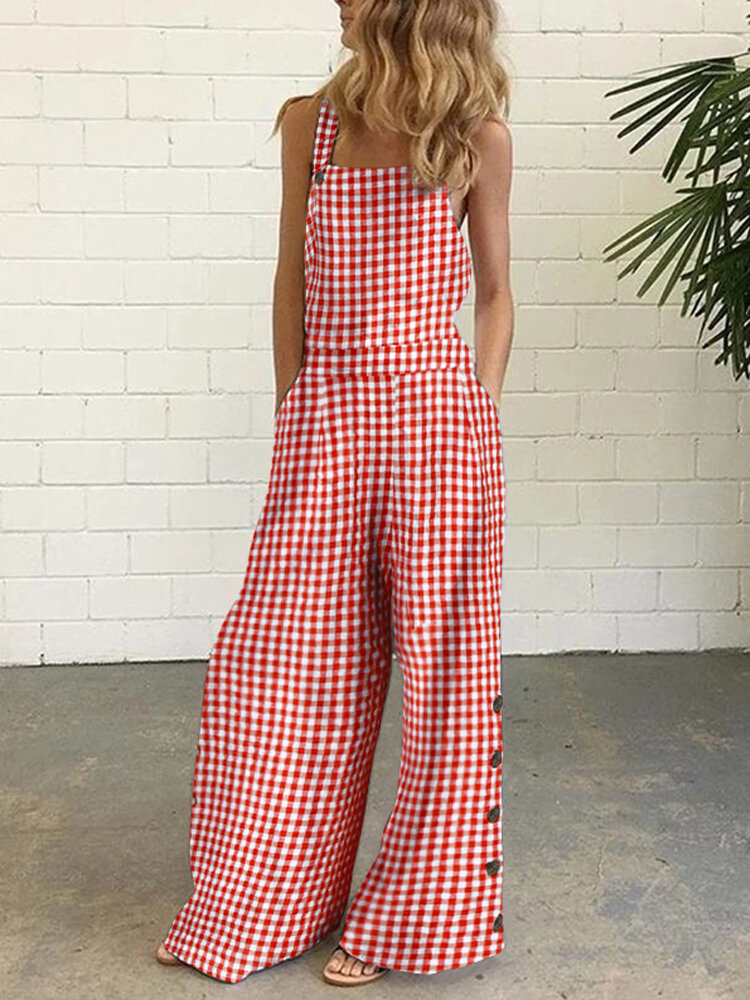 Women Casual Sleeveless Straps Plaid Wide Leg Side Buttons Jumpsuits With Pocket