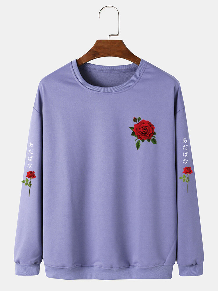 Mannen Rose Japanse Letter Bodycon Hem Leisure Pullover Sweatshirt