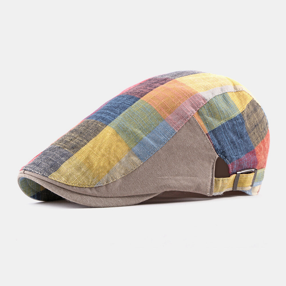 

Men Cotton Colorful Plaid Outdoor Casual Visor Hat Flat Hat Beret Hat Forward Hat