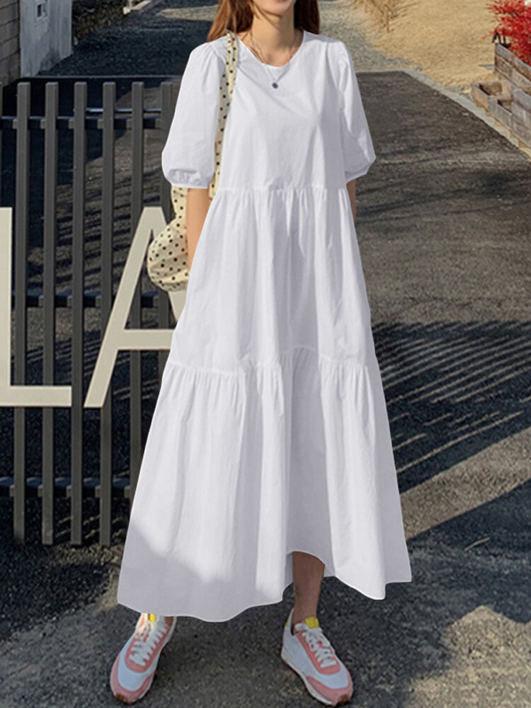 Women Cotton Solid Color Puff Sleeve Pleated Simple Maxi Dresses With Pocket