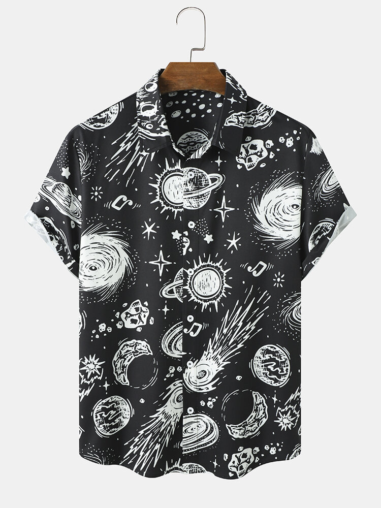 Heren Galaxy Print Star War-revers Casual overhemden met korte mouwen en knopen