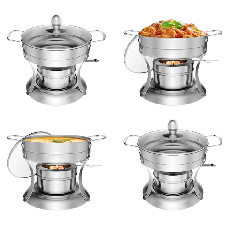 Warmounts 1QT Chafing Dish Buffet Set Individuele Single Shabu Hot Pot, Roestvrij Staal, Glazen Deksel, Mini Ronde Chafing Dishes voor Buffet voor Diner, Feesten, Bruiloften, Kamperen, Evenementen
