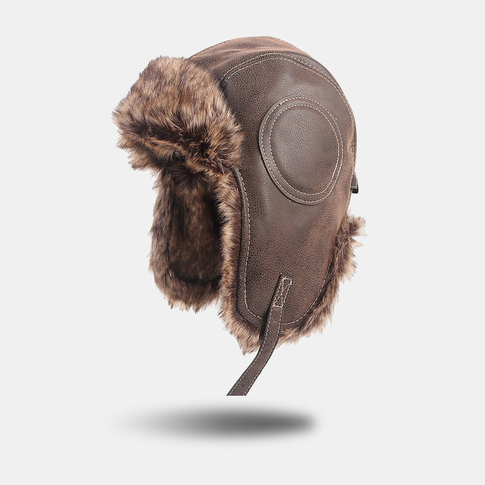 

Men PU Leather Plus Velvet Thicken Ear Protection Trapper Hat Winter Windproof Cool Protection Warm Ushanka Hat Russian