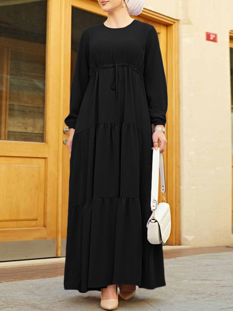 Women Long Sleeve Back Buttons Kaftan Tunic Solid Color Elastic Cuff Drawstring Waist Midi Dresses