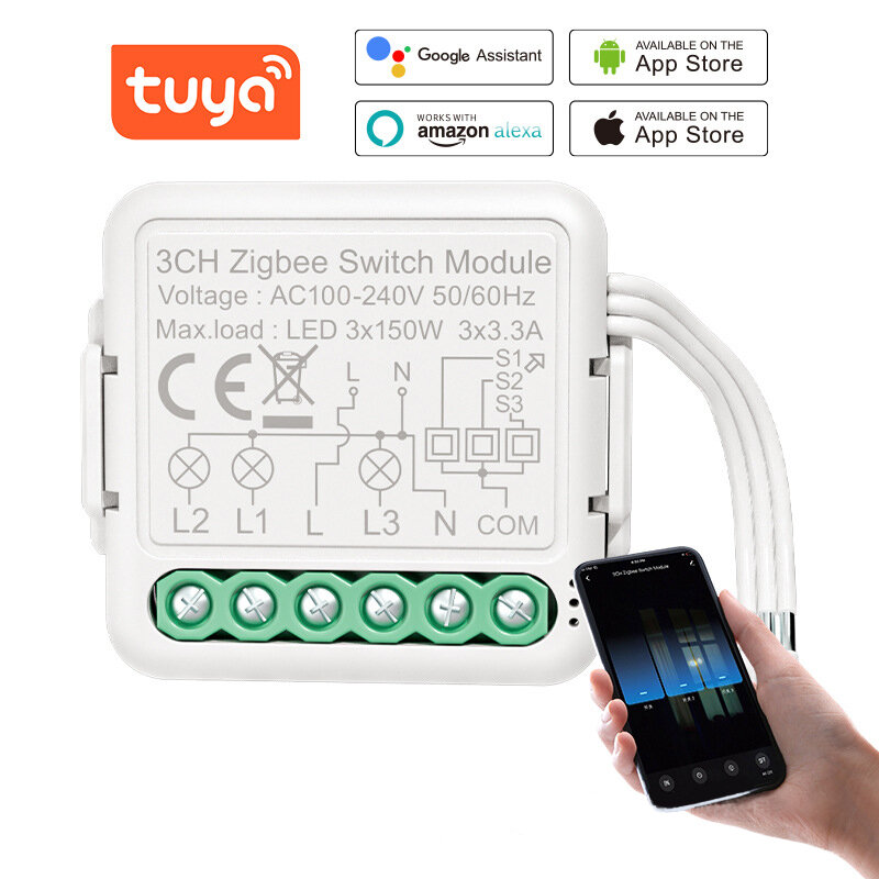 

Tuya Smart Zigbee3.0 Switch Module With Neutral 3gang/ Way 100V-240V Wireless Light Switch Relay Compatible Alexa Google