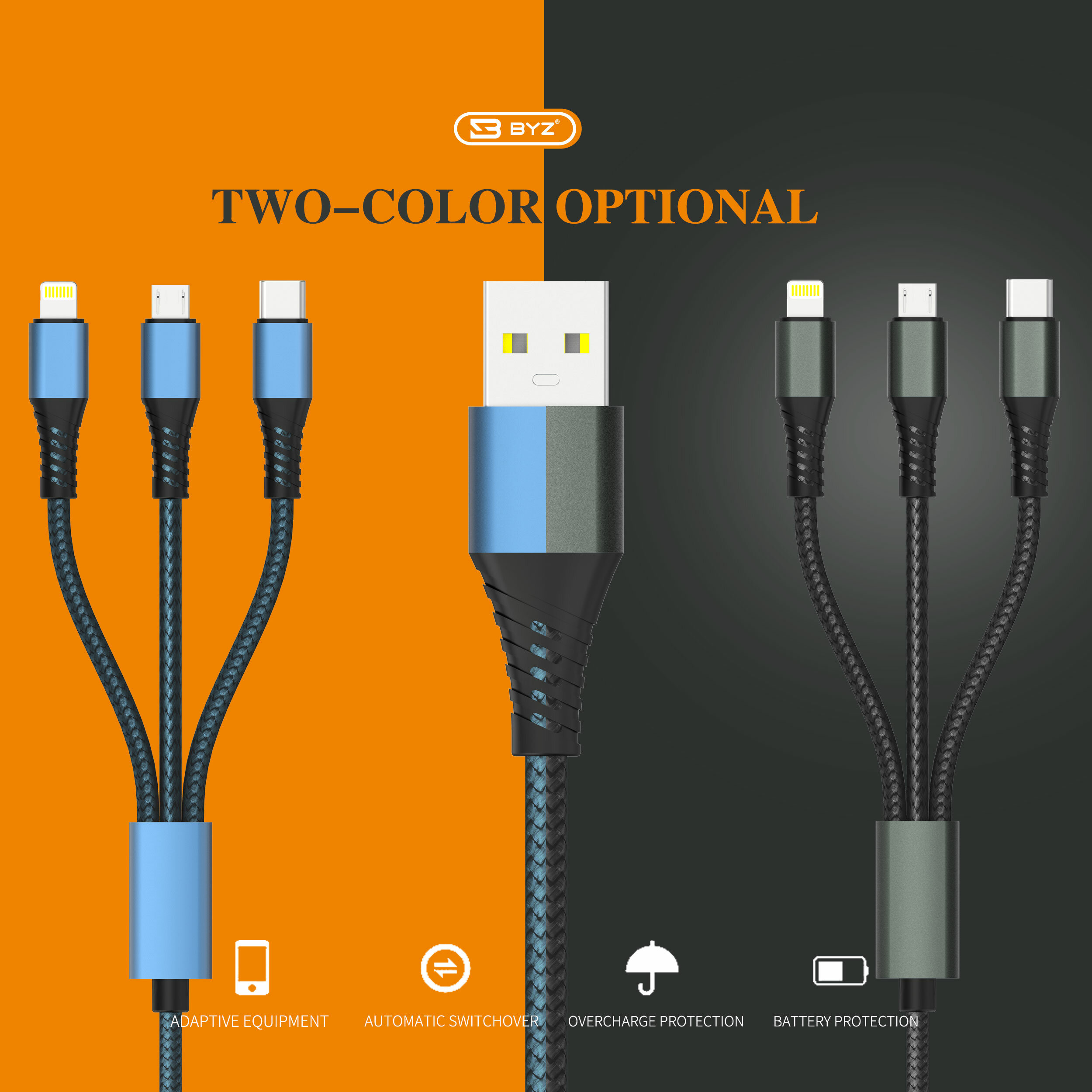 BYZ 3-In-1 USB naar USB-C/Micro USB/Apple Poort Kabel Snel Opladen Transmissiekabel Voor iPhone 13 P