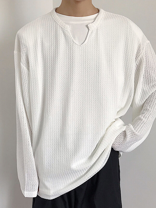 

Men Solid Notched Neck Knit Casual Long Sleeve T-Shirt