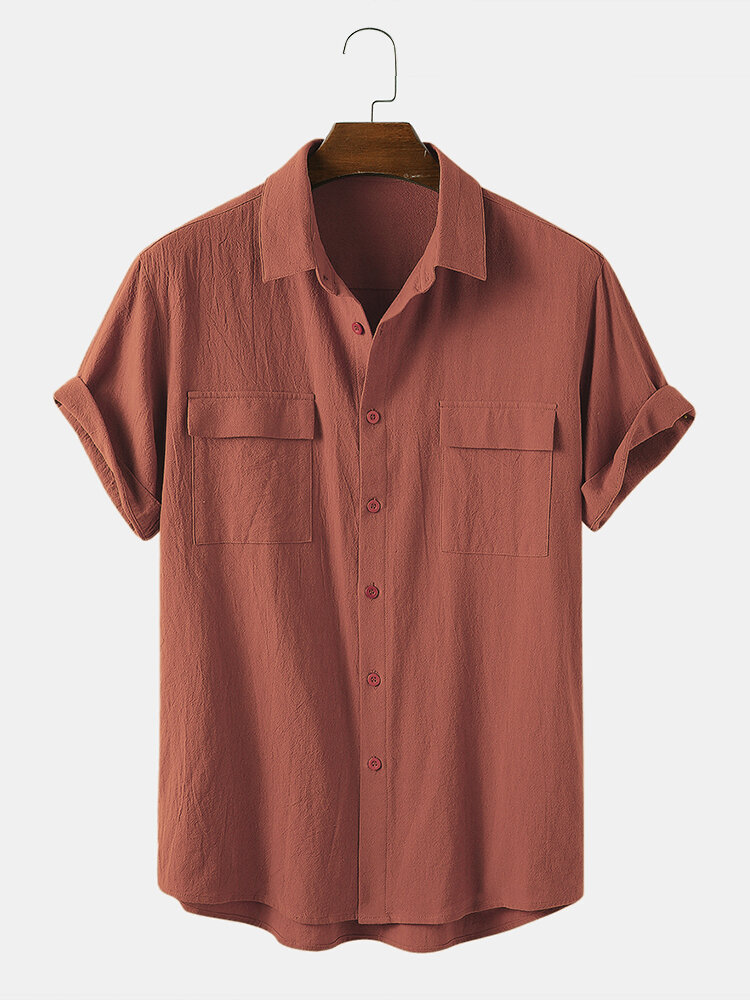 Men 100% Cotton Solid Color Double Pocket Casual Shirts