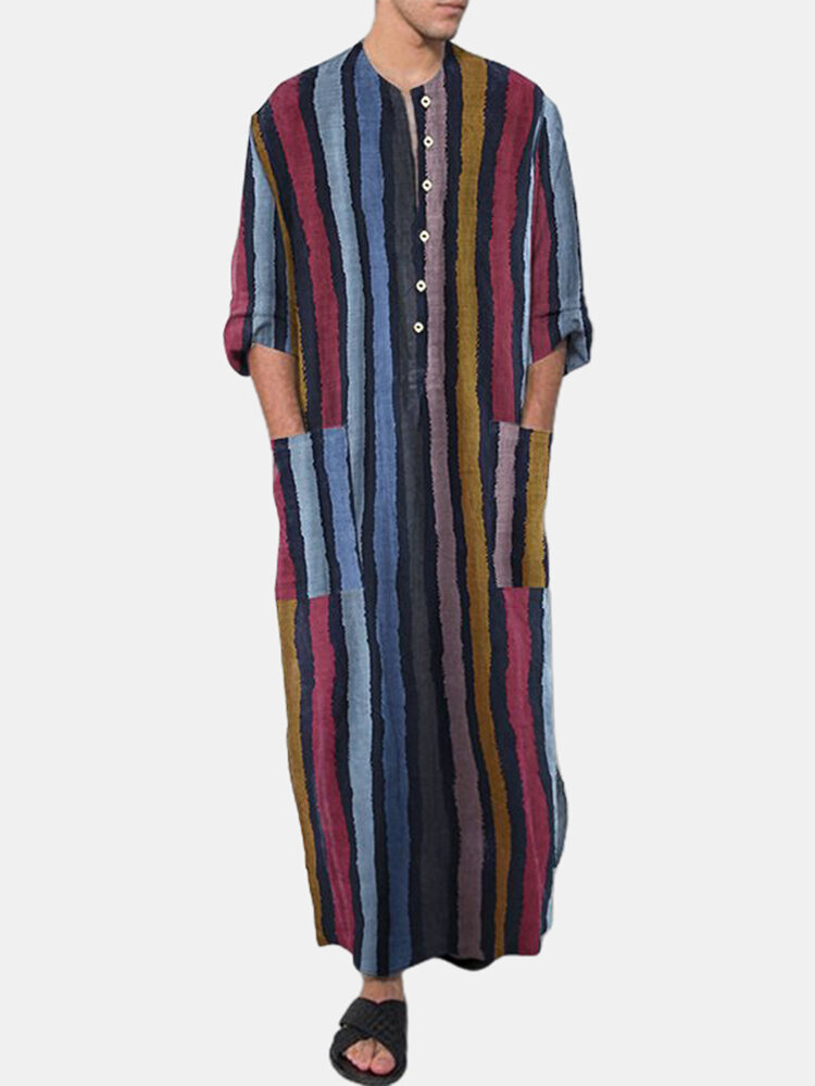 Mens Colorful Striped Double Pocket Side Split Home Casual Long Sleeve Sleepwear Robes