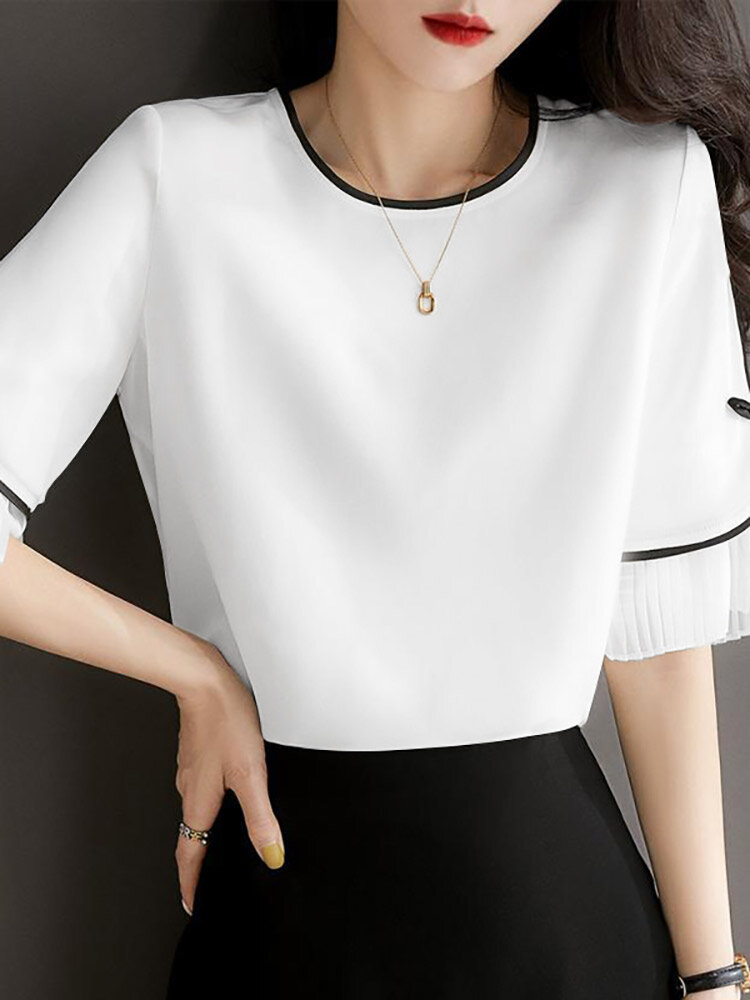 Contrast Pleated Half Sleeve Crew Neck Casual Blouse