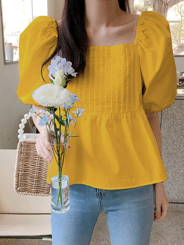 Solid pleated square collar puff sleeve blouse for women