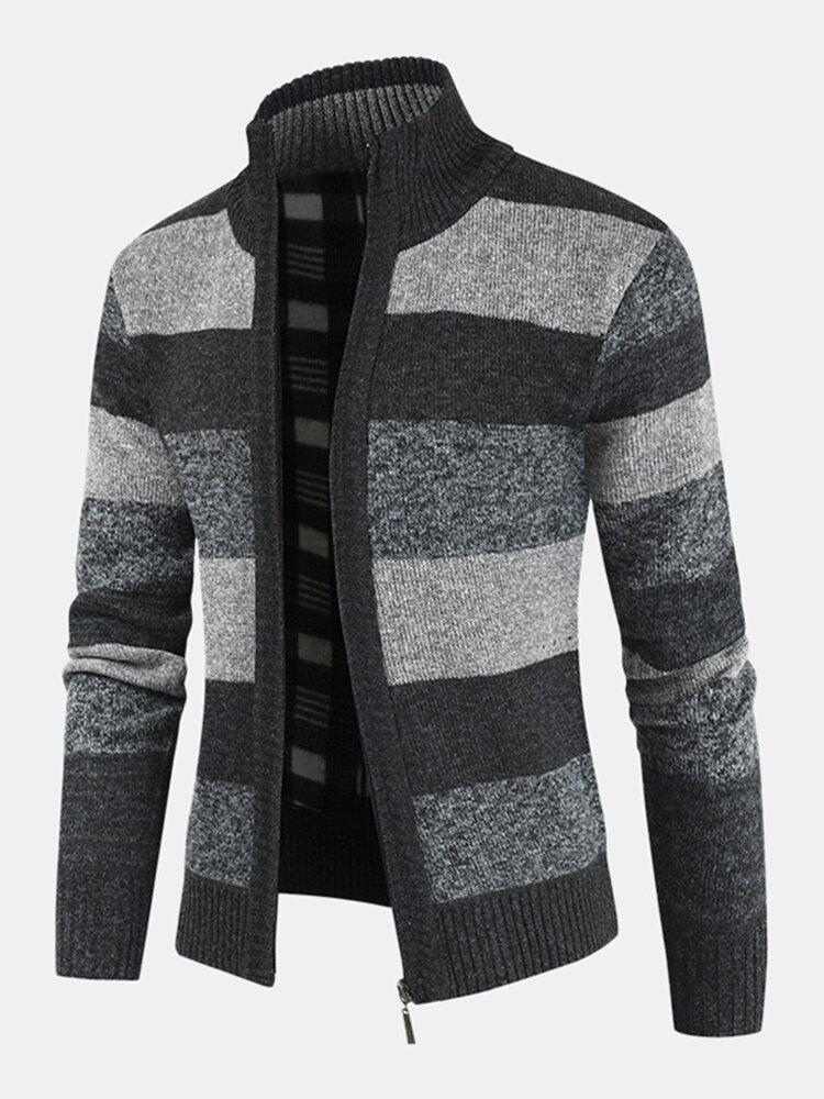 Mens Striped Graphics Knitting Zipper Warm Long Sleeve Sweater Jacket