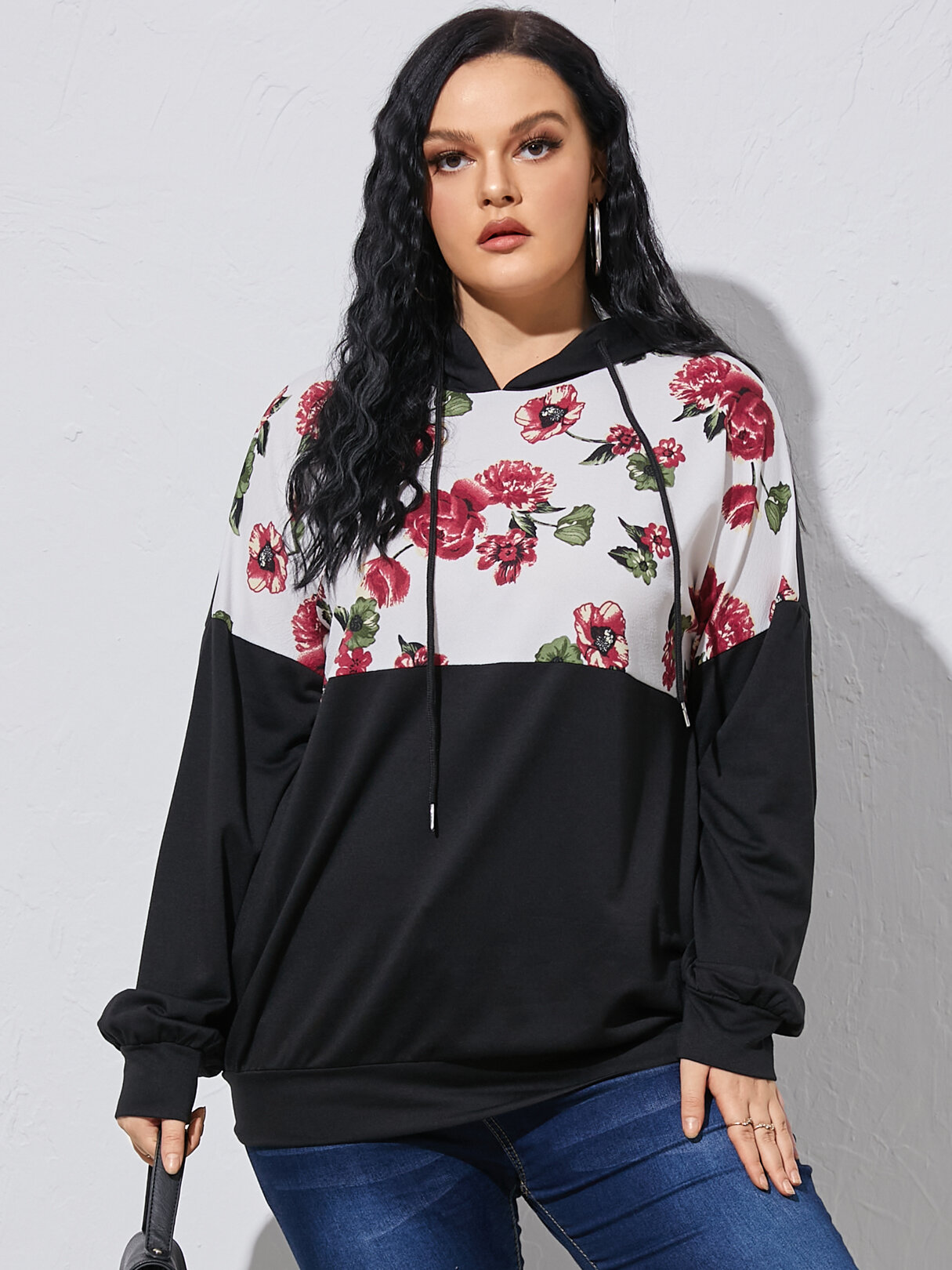 Plus Size Hooded Floral Print Drawstring Patchwork Sweatshirt, YOINS  - buy with discount