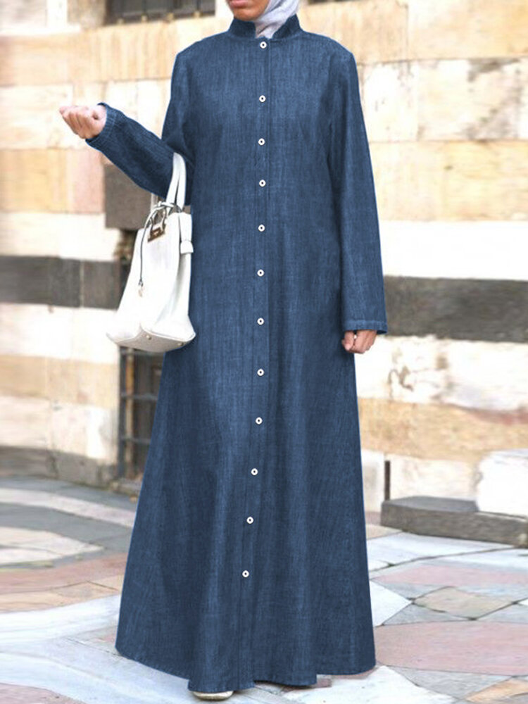 

Женщины Повседневная джинсовая ткань с воротником-стойкой на пуговицах Полный Длина Кафтан Макси Рубашка Платья