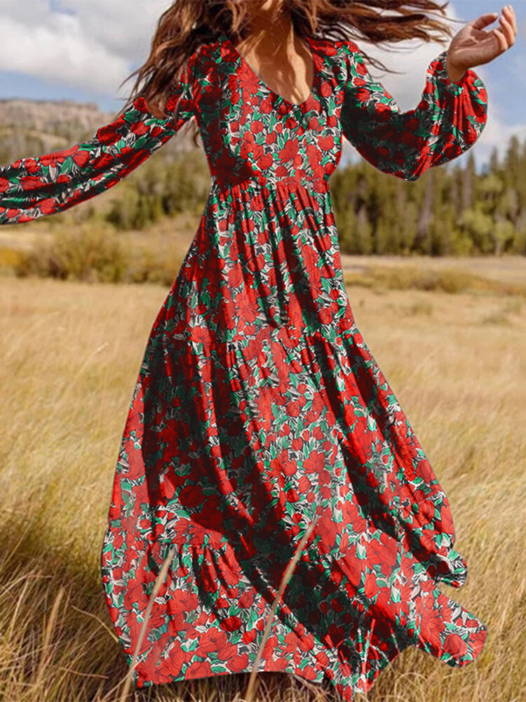 Onzichtbare maxi-jurk met V-hals en lange mouwen en bloemenprint