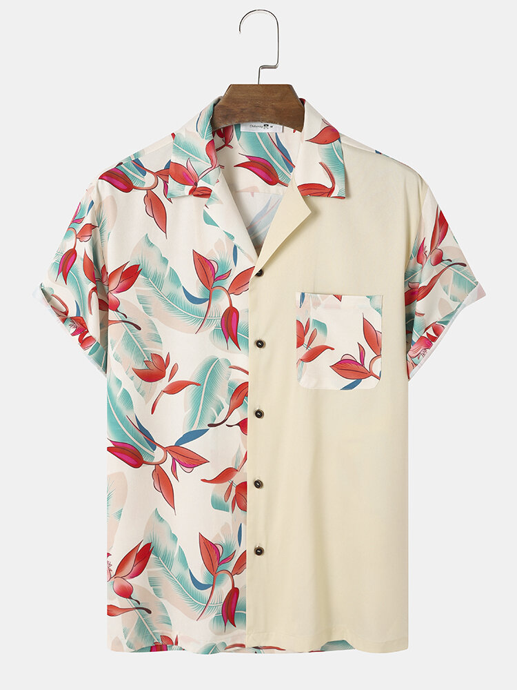 

Mens Tropical Plant Print Patchwork Revere Collar Short Sleeve Shirts