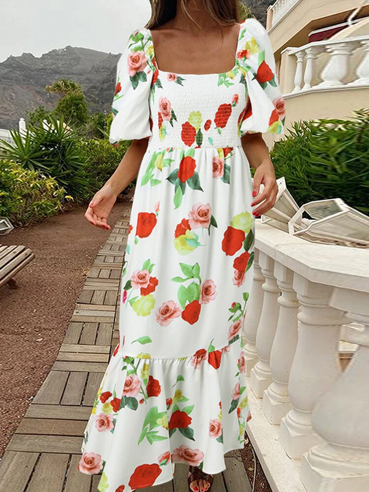 Women holiday square neck puff sleeve slim fit fishtail swing floral print maxi dress