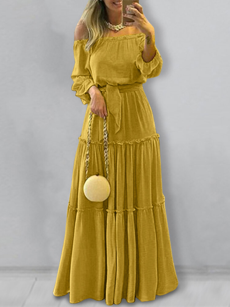 Women Off Shoulder Puff Sleeve Pleated Patchwork Elegant Solid Color Maxi Dress
