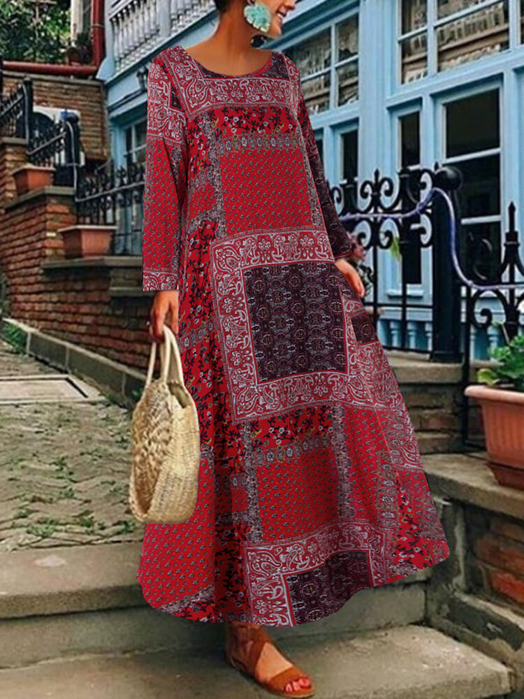 Dames Boheemse print katoenen vintage jurk met lange mouwen