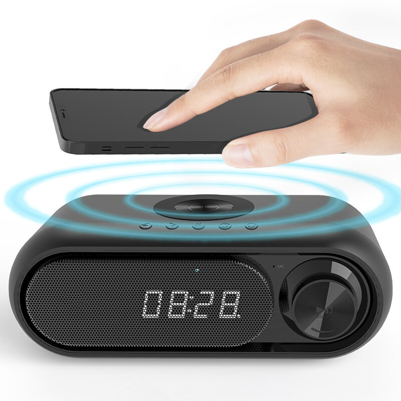 Bakeey WD300 LED Display Table Alarm Clock With Wireless Charger FM Radio TF Card Play Bass Sound Box Wireless bluetooth Speaker