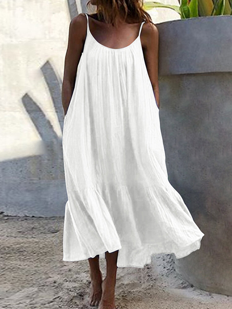 

Sleeveless Straps Side Pocket Loose Solid Color Casual Maxi Dress