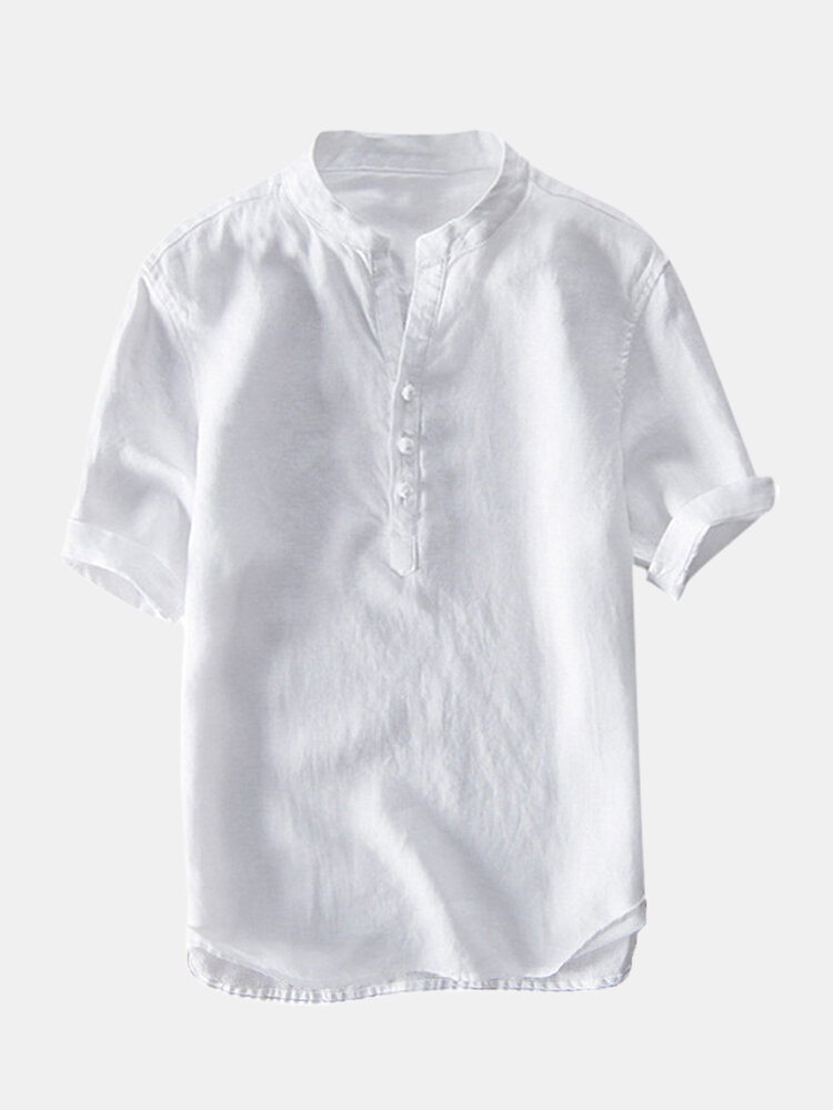 Mens Vintage Chinese stijl katoen effen kleur Stand kraag Casual zomer T-shirts
