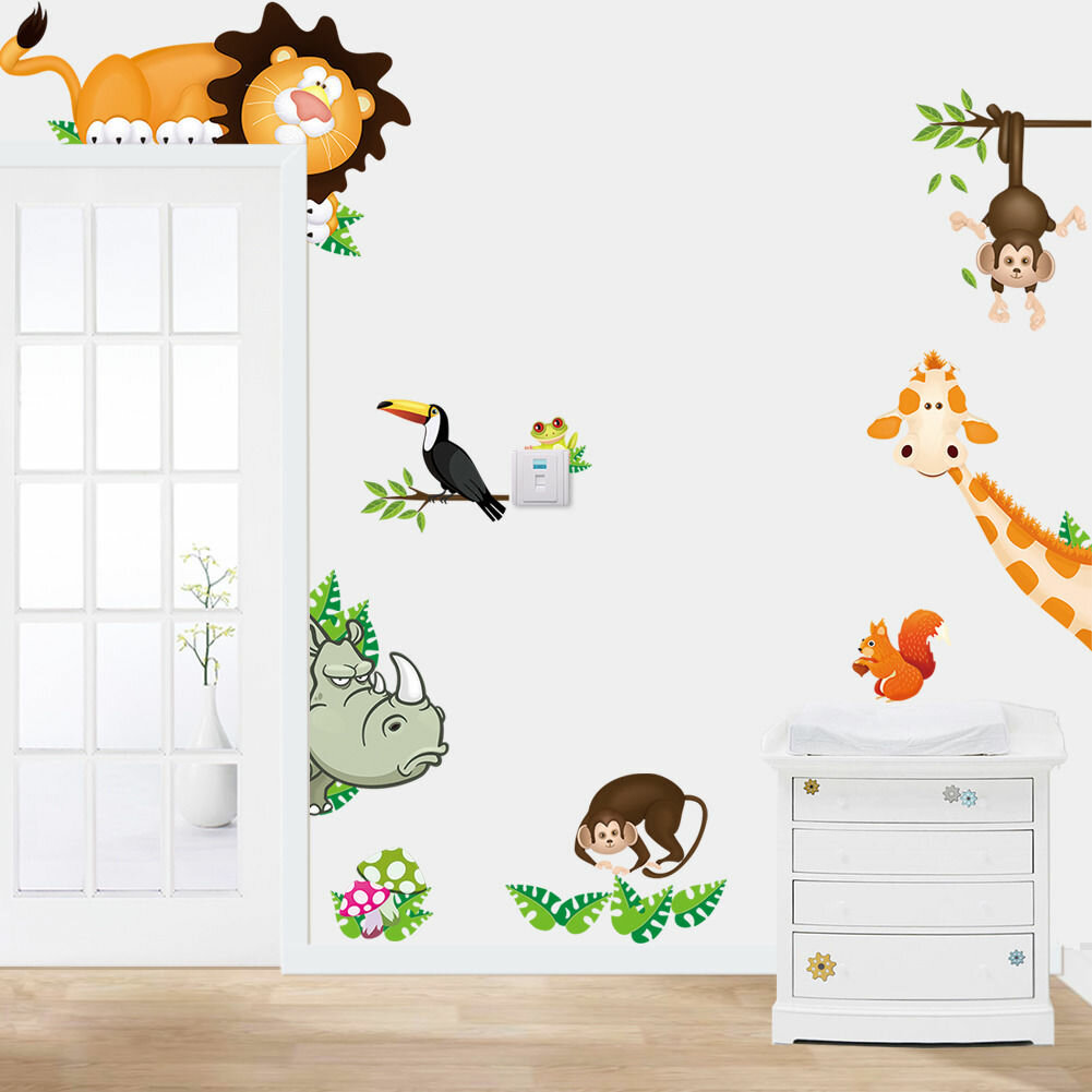 

Cartoon Animal Wall Sticker Cute Zoo Giraffe Lion Monkey Squirrel Wall Background Paper Baby Kids Bedroom Kindergarten M