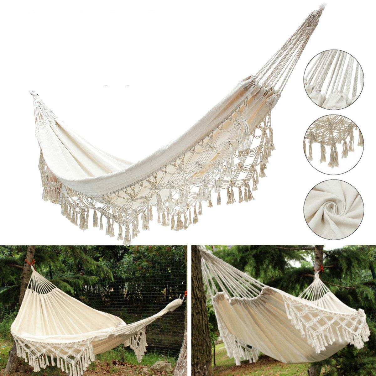 240x150CM Large Double Cotton Hammock Fringe Swing Beach Yard Hanging Chair Bed