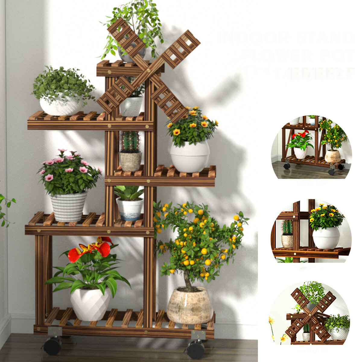 Multi-Layer Wooden Flower Stand Plants Shelf Flower Potted Windmill Plant Holder Display Outdoor Decor Planting Tools Ki