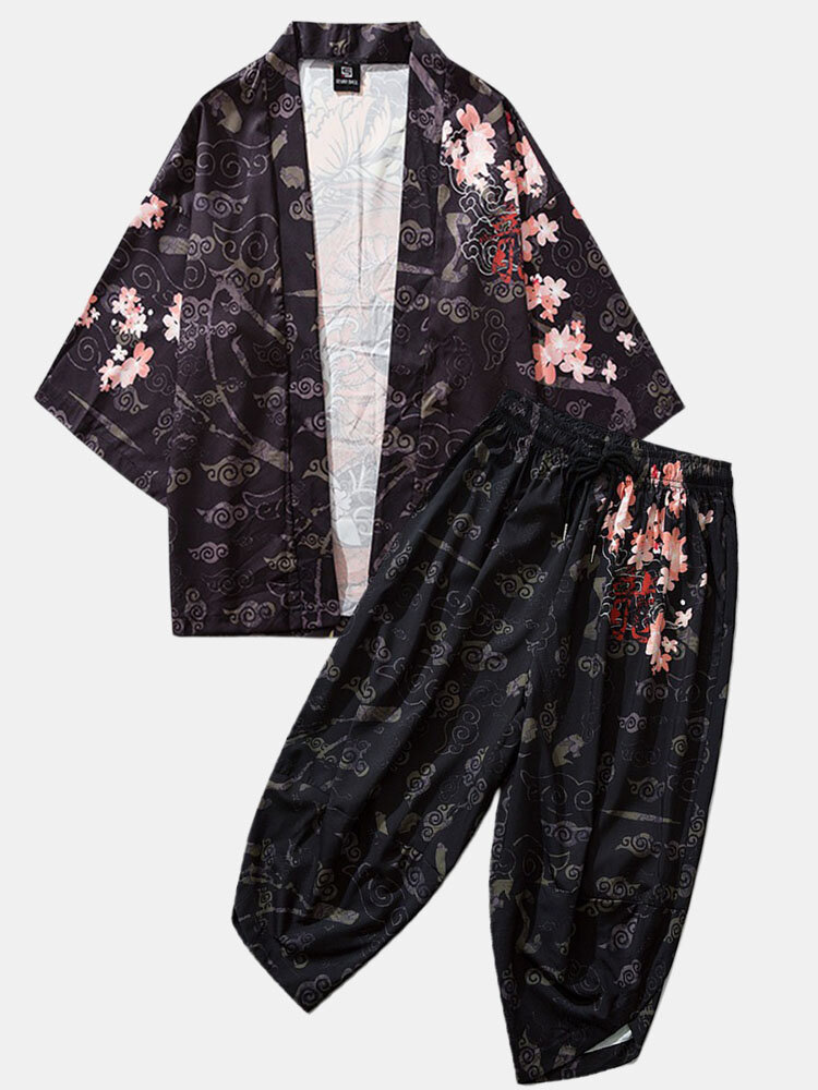 Heren Kimono Etnische Stijl Loong Gragon Print Elastische Taille Tweedelige Outfits