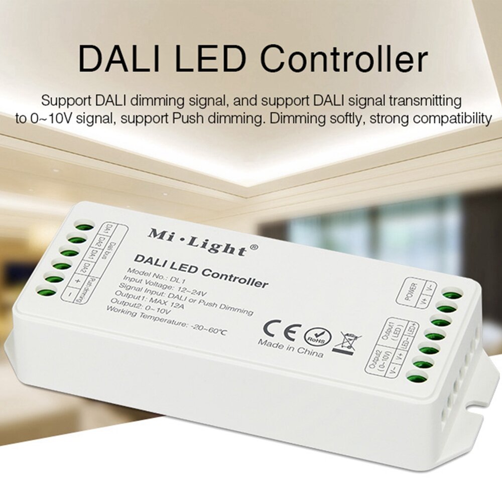 

MiBOXER DL1 DALI LED Dimmer Controller Single Channel Max 12A Dimming Signal/Push Dimming for Strip Light DC12V-24V