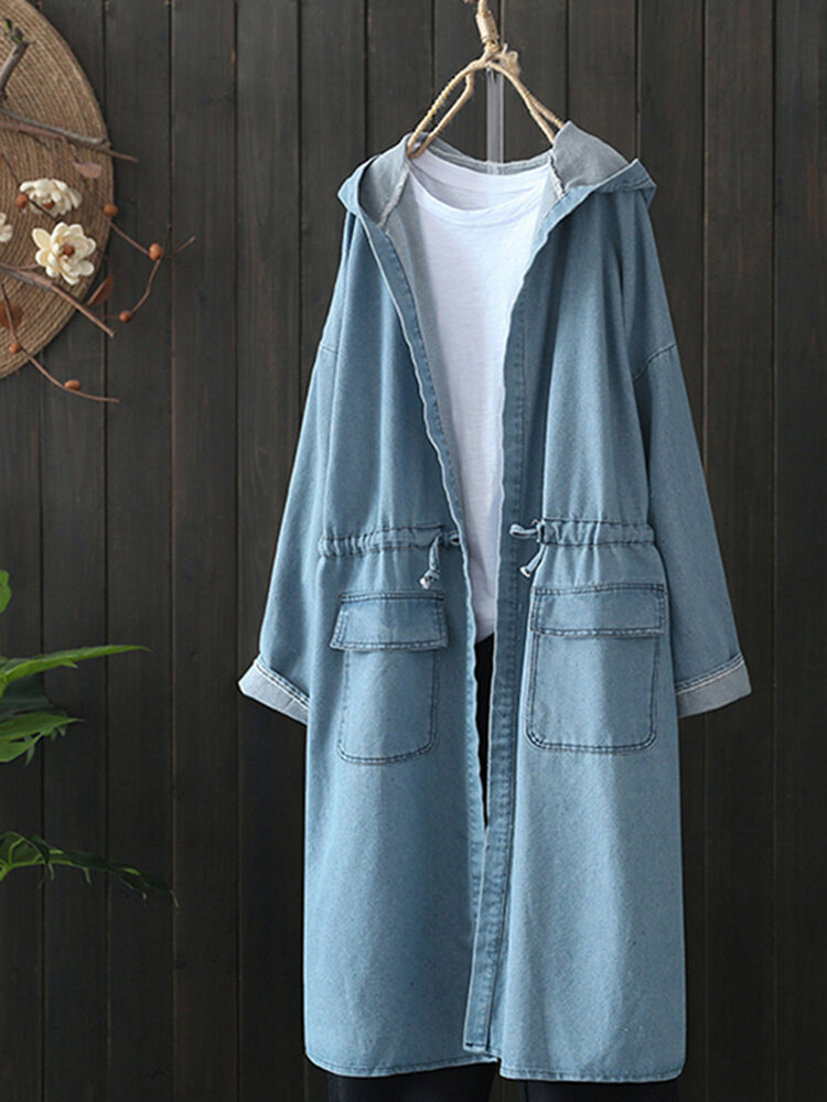 

Casual Women Drawstring Long Sleeve Hooded Denim Coats with Pockets