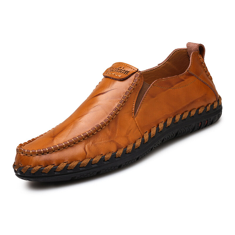 55% OFF on Men Hand Stitching Sfot Leather Non Slip Sole Comfy Slip-on Casual Driving Shoes