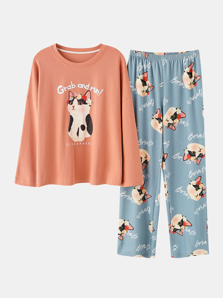 Women Cute Cat Pattern Letter Print Long Sleeve Pullover & Loose Pants Home Two Piece Pajama Set
