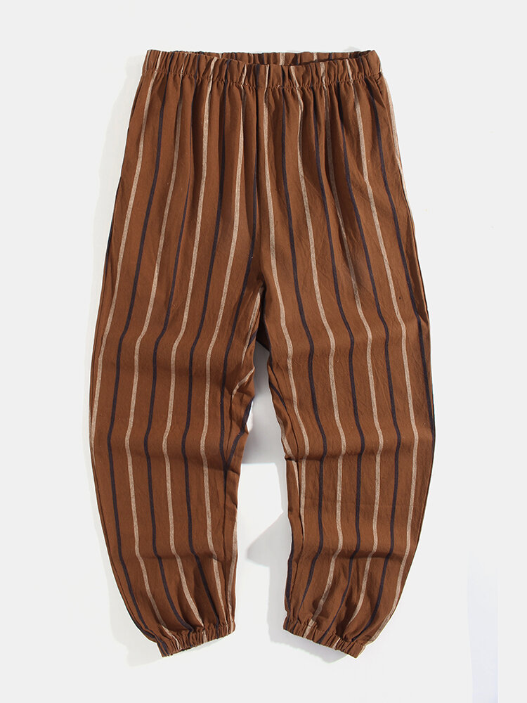 100 Cotton Mens Vintage Style Stripe Print Elastic Waist Casual Pants With Pocket