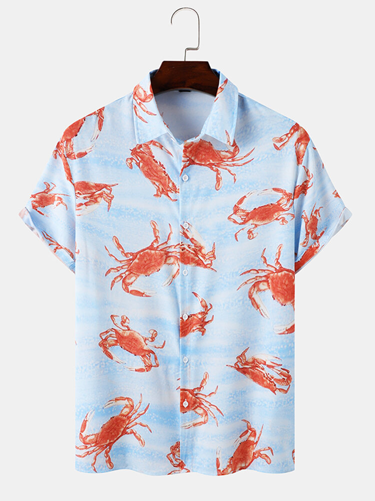 Heren allover krabbenprint met korte mouwen, allemaal op elkaar afgestemde huidvriendelijke shirts