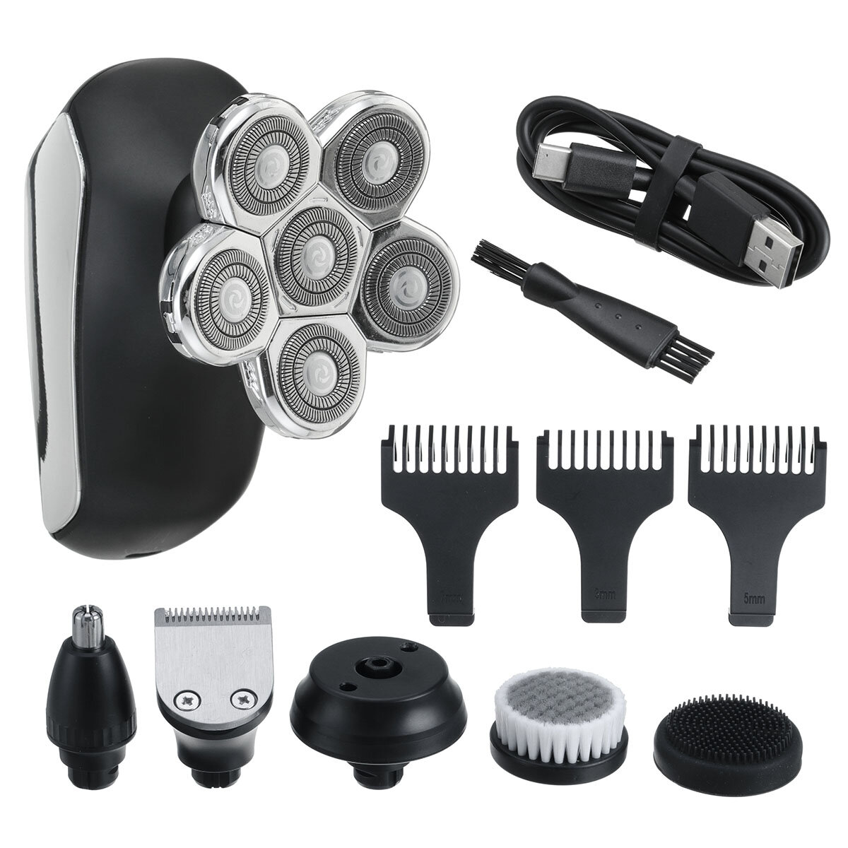

5 IN 1 6D Rotary Electric Shaver USB Rechargeable Bald Head Shaver Beard Trimmer IPX7 Waterproof