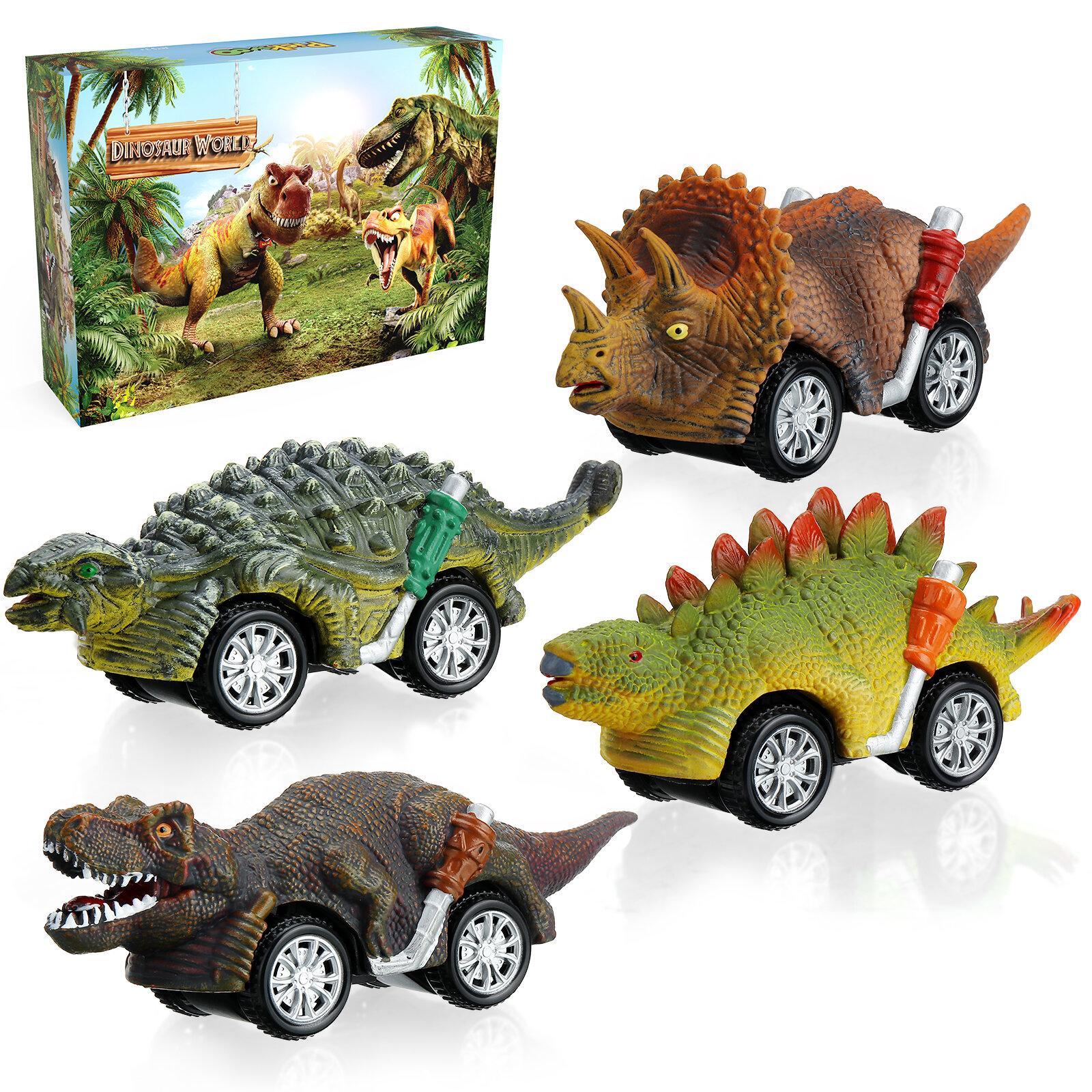 Pickwoo Dinosaur Toys Cars Inertia Vehicles Toddlers Kids Dinosaur Party Games with T-Rex Dino Toys Playset Birthday Gif
