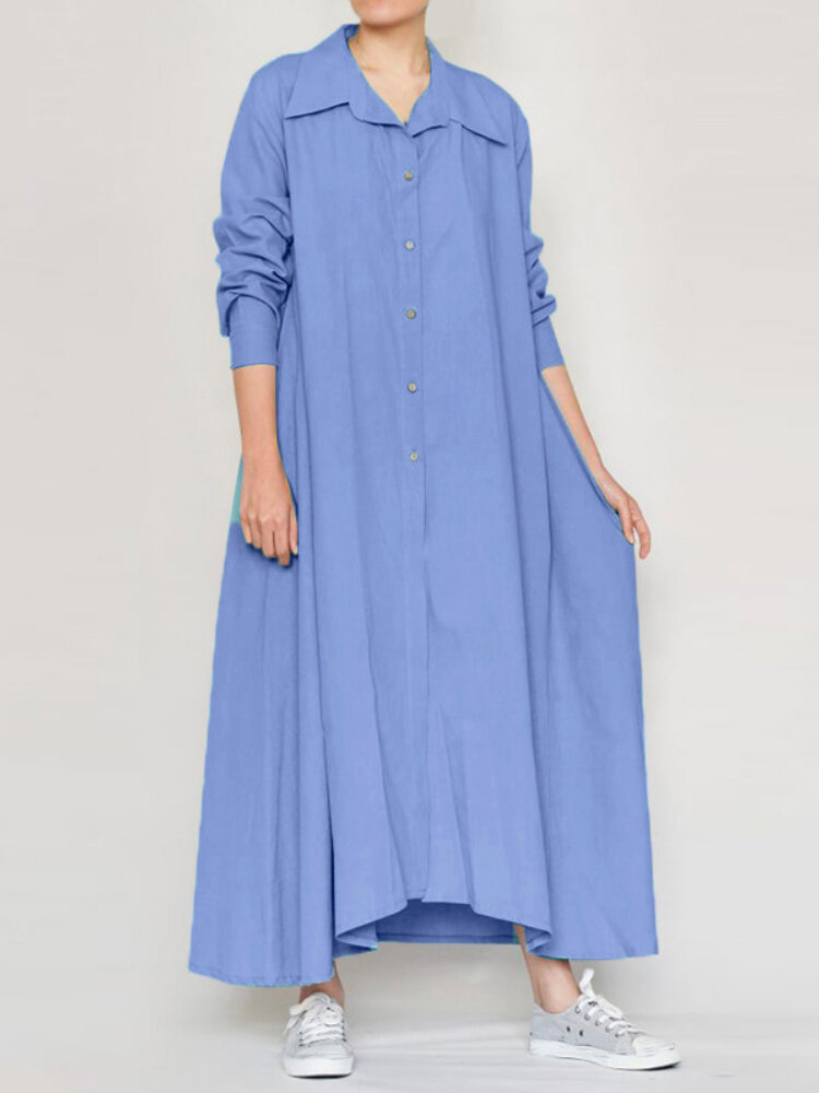 Women Lapel Long Sleeve Simple Maxi Shirt Dresses With Pocket
