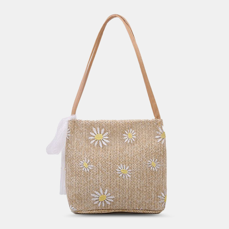 

Women Straw Lace Daisy Sunflower Pattern Print Large Capacity Shoulder Bag Handbag