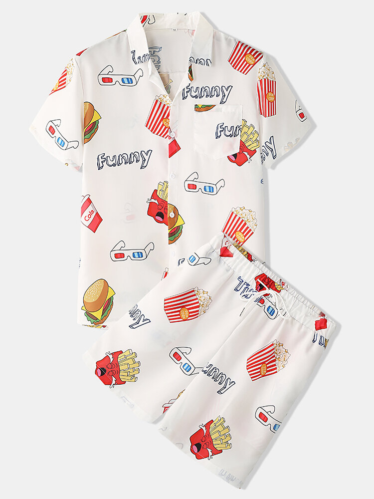Mens Funny Fruit Hamburger Print Pajama Set Two Pieces Short Sleeve Summer Nightwear