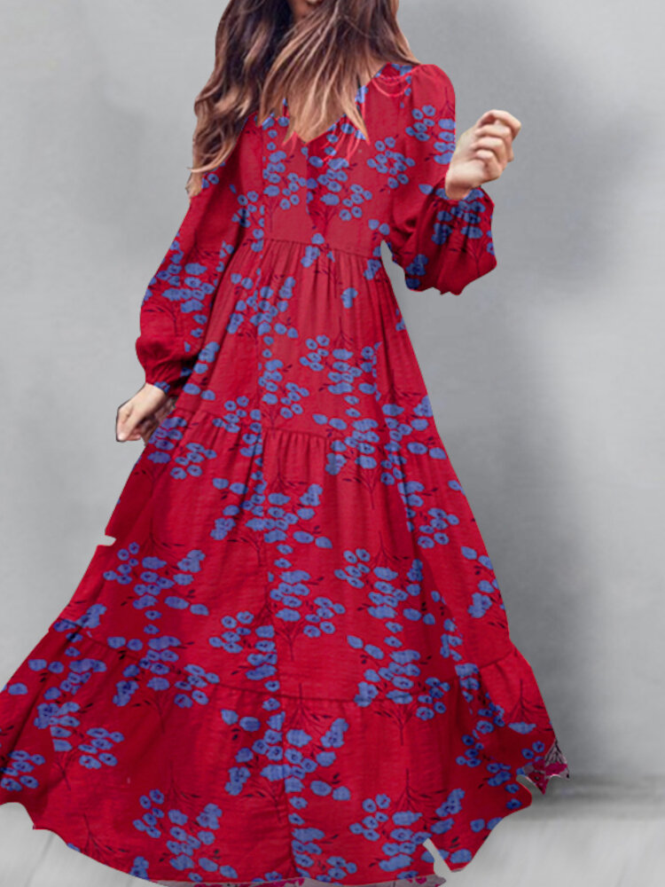 Puff Sleeve V-Neck Floral Loose Casual Dress For Women
