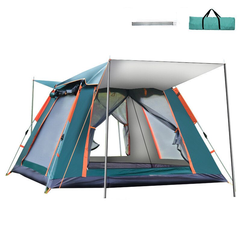 Rüzgar geçirmez, su geçirmez, 5 pencere havalandırmalı güneşlikli 215x215x142cm 4 kişilik otomatik bahar kamp çadırı.